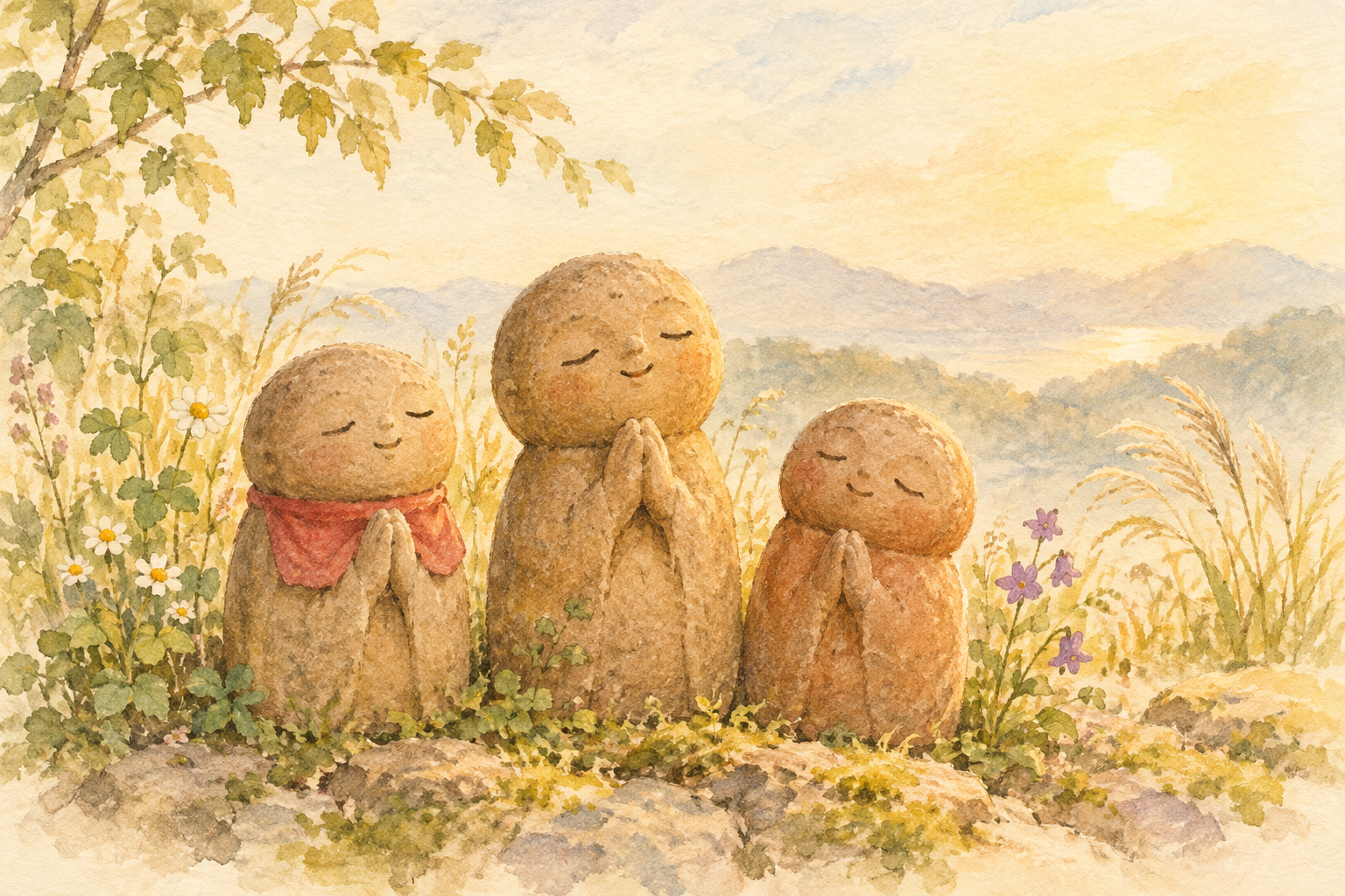 草花に囲まれ、静かに微笑む三体のつちぼとけの水彩イラスト